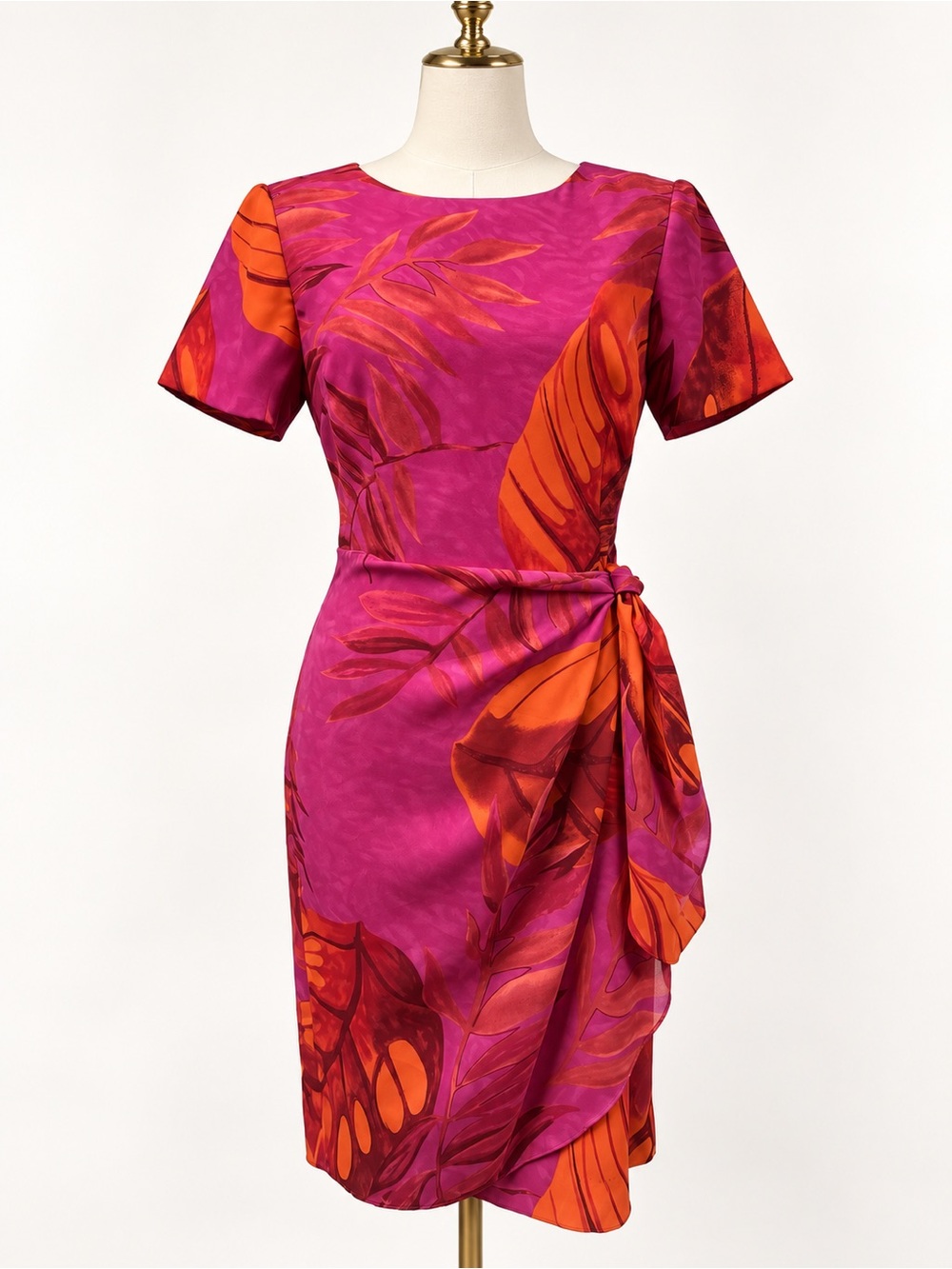 Vintage John Roberts Petite 6P Pink Orange Tropical Draped Cocktail Dress